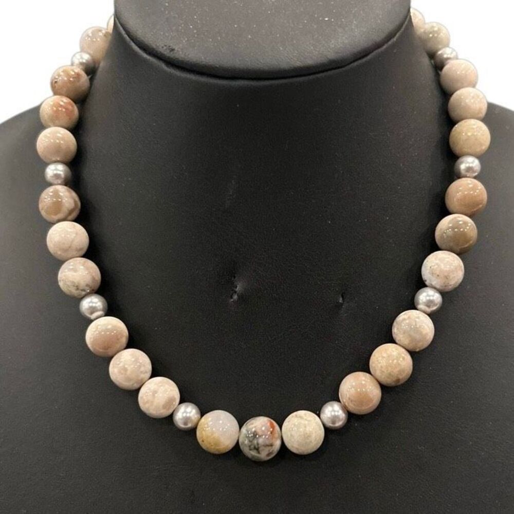 Vtg Bohemian Style Jasper Stone Beaded Necklace Women's 18" Tan Polished Beads - Picture 2 of 6